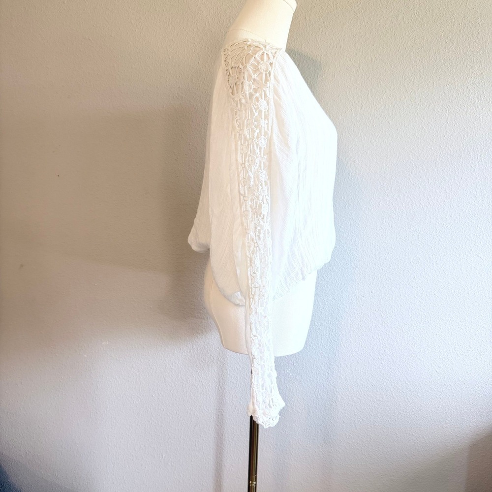 Free People Crochet Sleeve V-Neck Gauze Blouse White Boho Romantic Top Small - Picture 5 of 7